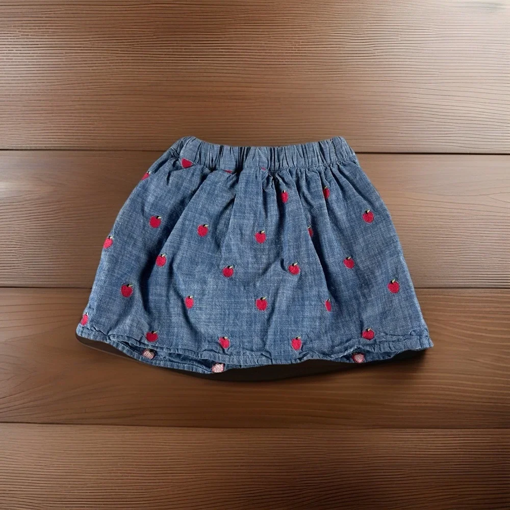 Gymboree Girls Skirt Size 6 Blue‎ Denim Embroidered Apples Pockets Cotton